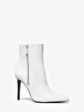 Michael Kors Keke Heeled Leather Pointed Toe Booties Optic White